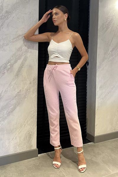 GÜLSELİ Pink Waterway Striped Women's Trousers