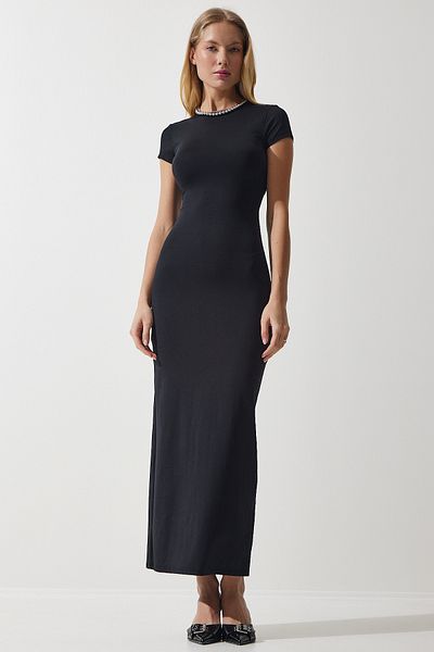 Lovelyİstanbul Crew Neck Saran Sandy Knitted Dress Lub0146 Black