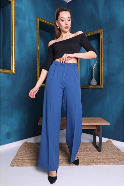 ramkovska Women's Fabric Trousers Saks Blue Wide Leg Slim Fit