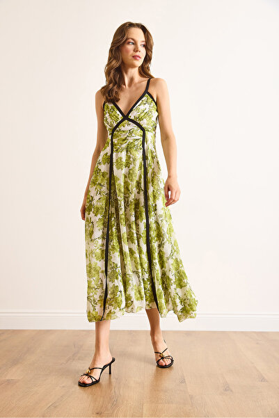 Olalook Women's Green Piping Detailed Strap Lined Midi Dress Elb-19002509