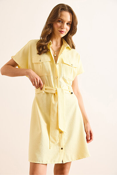 Olalook Women's Yellow Marta Belted Pocket Mini Woven Shirt Dress Elb-19002503