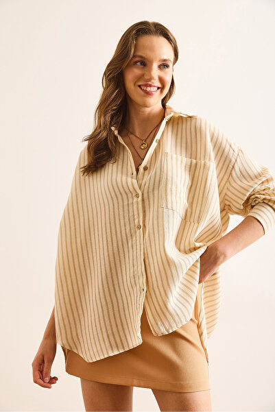 Olalook Women's Beige Tan Single Pocket Striped Boyfriend Shirt Gml-19001376