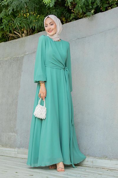Tesettür Çarşım Delicate Matte Chiffon Hijab Evening Dress-Mint