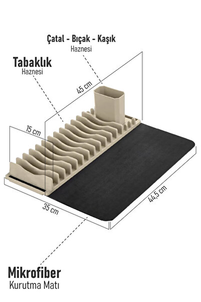Trend Maison Su Emici Matlı Tezgah Üstü Büyük Boy 3 Parça Bulaşıklık Seti Tabaklık Kurutma Matı Bej