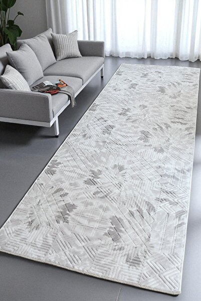 melian Aksu Based Cut Embossed Living Room Hallway Kitchen Washable Carpet Gray