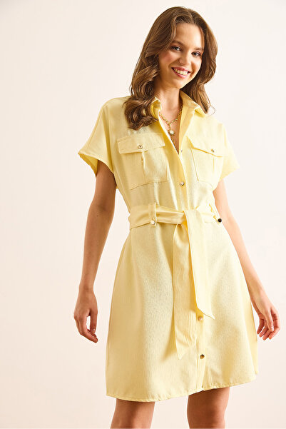 Olalook Women's Yellow Marta Belted Pocket Mini Woven Shirt Dress Elb-19002503