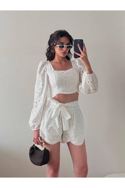 LOCH BUTİK Women's White Embroidered Shorts Double Set