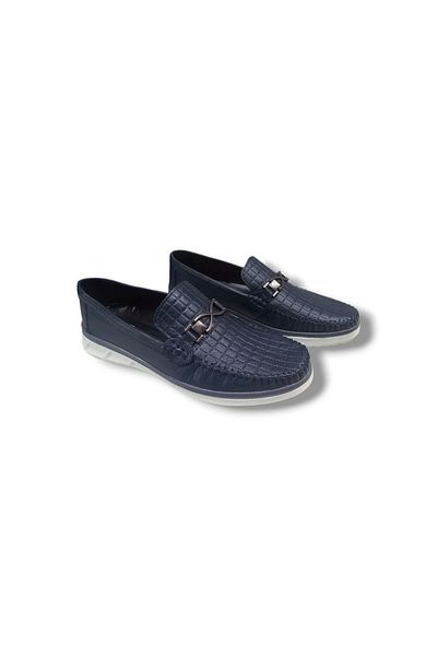 Growish Gr0339 Genuine Leather Lightweight White Poly Sole Navy Blue Buckle Casual Loafer Men's Shoes