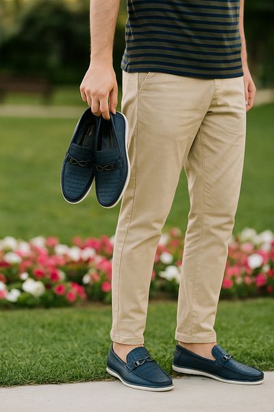 Growish Gr0339 Genuine Leather Lightweight White Poly Sole Navy Blue Buckle Casual Loafer Men's Shoes