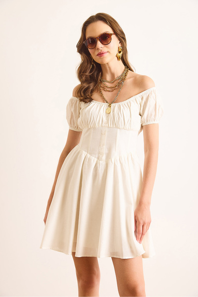 Olalook Women's White Carmen Collar Waist Corsage Detailed Lined Mini Flared Dress Elb-19002513