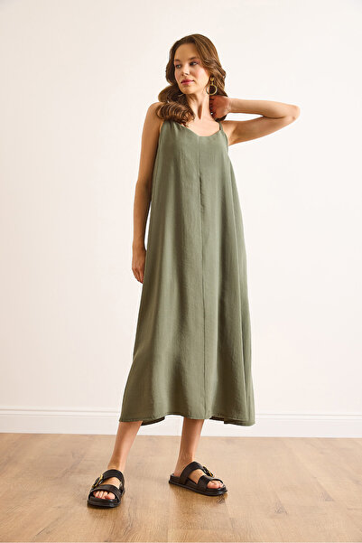 Olalook Kadın Çağla Yeşili Modal Askısı Ayarlanabilir Maksi Çan Elbise ELB-19002501
