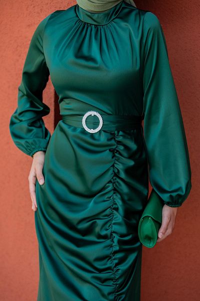 Tesettür Çarşım Swan Acetate Satin Evening Dress-Emerald
