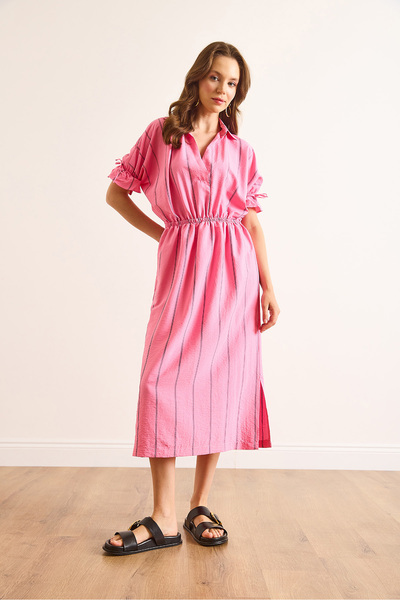 Olalook Γυναικείο ροζ φόρεμα πόλο με ελαστική μέση, ριγέ φόδρα, μίντι ντραπέ ELB-19002511