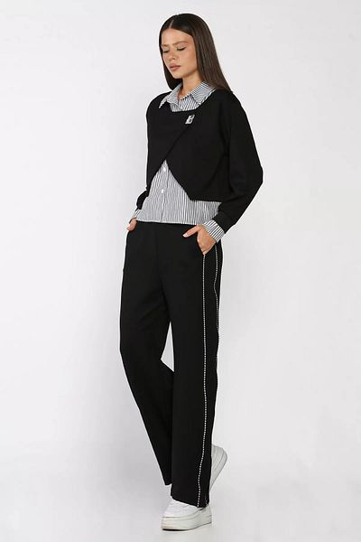 GÜLSELİ Black Women's Shirt Garnished Blouse Palazzo Pants Double Set