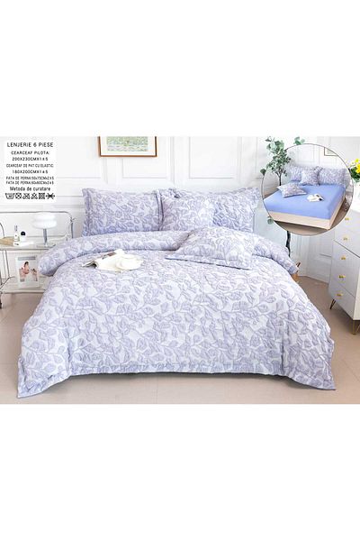 trendyhome Bed Linen, Fine Cotton, IN Grofat Latos, 6 Pieces, Leaves, Lilac, P23672-Elastic