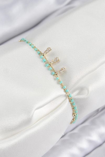 Celira Brass Zircon Stone Blue Beaded Model Gold Color Women's Bracelet