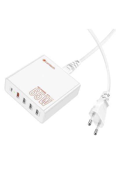 Lamtech GaN Fast Charge Network Charger, PD, 65W, 1xUSB Type-C, 4xUSB QC3.0, White