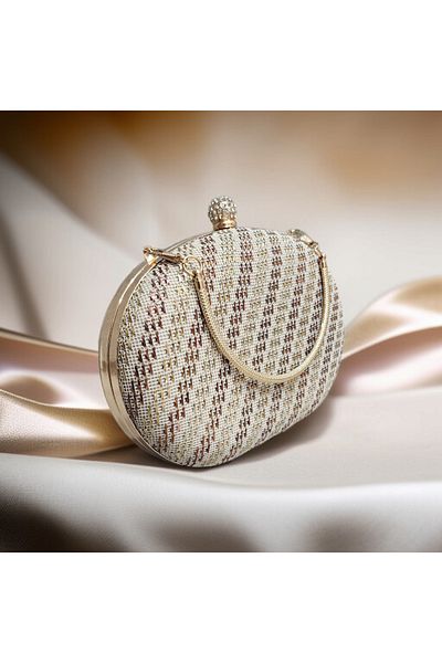 Telli Art Wire Broken Embroidered Evening Dress Bag - 14X22 Cm, Chain - Beige