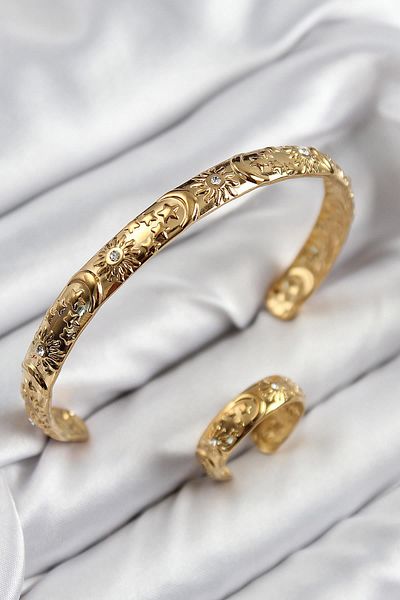 Celira Brass Zircon Stone Vintage Model Gold Color Bracelet Ring Set