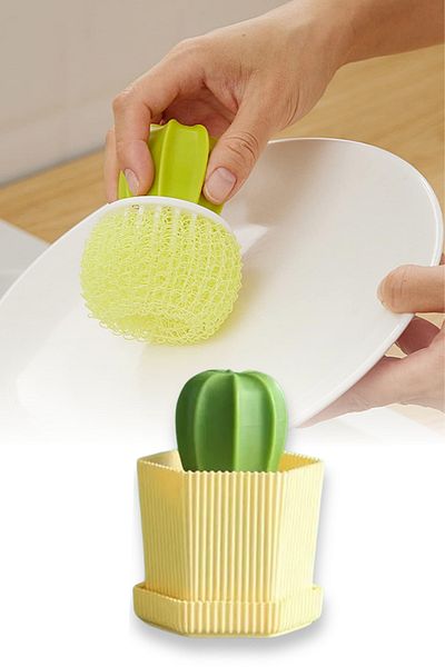 omilife Cactus Handle Dishwashing Wire Colorful Practical Handle Cleaning Sponge Durable Scrubbing Wire Dishwashing Brush
