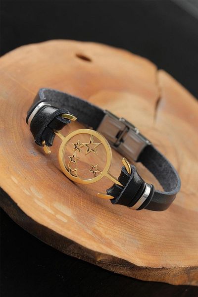 Celira Black Leather Men's Bracelet with Gold Color Star Metal Accessories