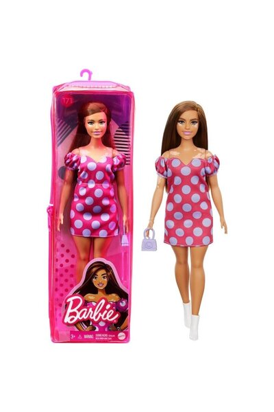 Barbie Papusa Fashionistas - satena cu rochie roz cu buline