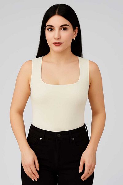 Maison La Femme Lined Zero Sleeve Square Neck Low Cut Snap Bodysuit