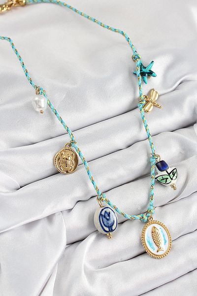 Celira Ceramic Motif Fish Figured Model Blue Rope Women's Necklace