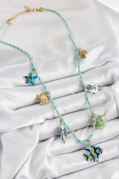 Celira Ceramic Motif Fish Figured Model Blue Rope Women's Necklace