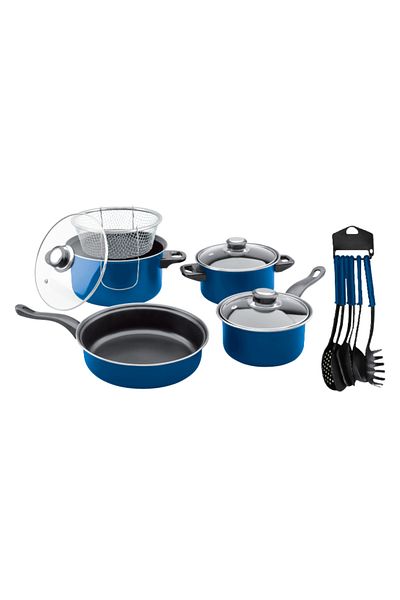 Olympia 14 Piece High Quality Non Stick Cookware Set with Deep Fryer - Blue