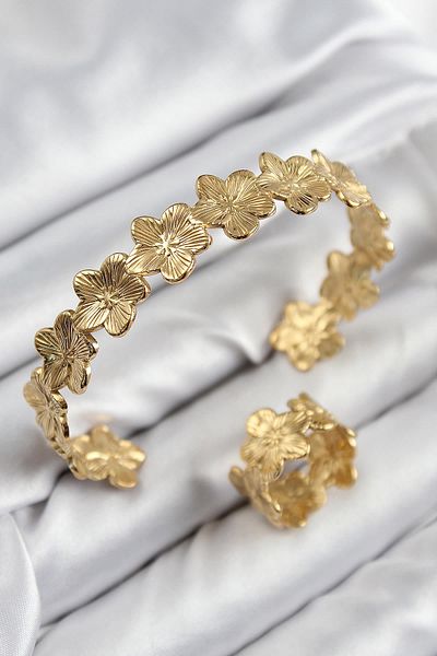 Celira Brass Flower Model Gold Color Bracelet Ring Set