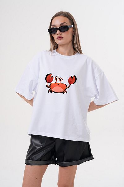 JANSO GROUP -Women Cotton Printed Crab Short Sleeve Tshirt Oversize Big Size
