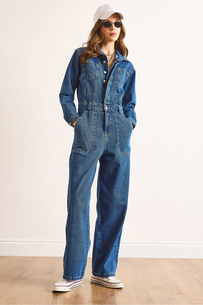 Olalook Women's Dark Blue Pocket Denim Jumpsuit Tlm-19000168