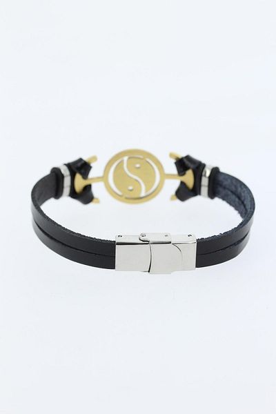 Celira Black Color Leather Men's Bracelet with Gold Color Yin Yang Figure and Metal Accessories