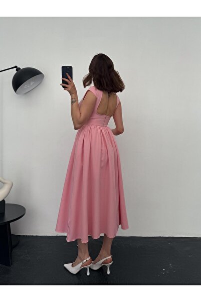 OYKUWEAR Harris Pembe Belden Oturtmalı Sırt Detay Midi Boy Elbise