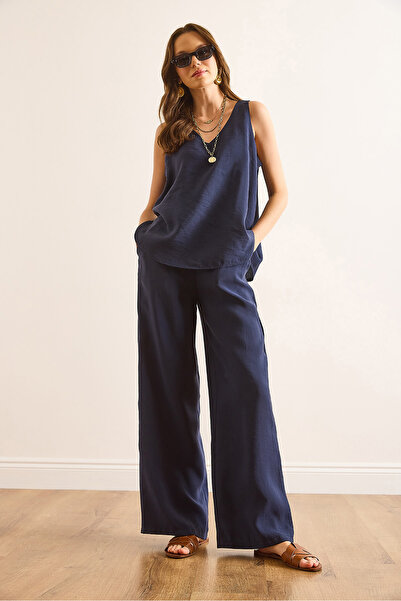 Olalook Women's Navy Blue Top V-Neck Bell Blouse Bottom Pocket Pants Soft Texture Suit Tkm-19000413