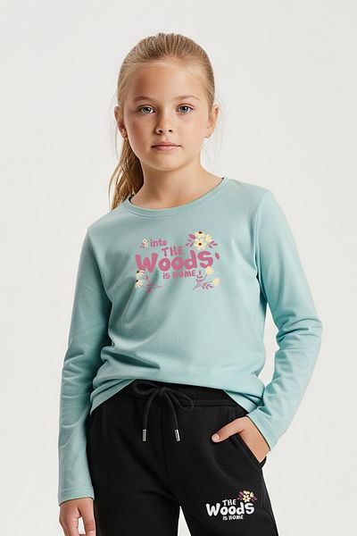 FYK KİDS Zero Collar Woods Printed Girl's Bottom-Up Set