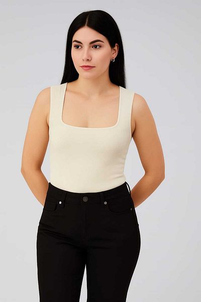 Maison La Femme Lined Zero Sleeve Square Neck Low Cut Snap Bodysuit
