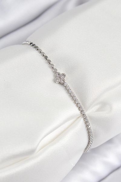 Celira Brass Zircon Stone Clover Model Crushed Chain Silver Color Women's Bracelet