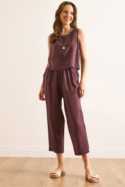 Olalook Women's Bitter Coffee Top Blouse Bottom Pocket Pants Soft Texture Suit Tkm-19000411