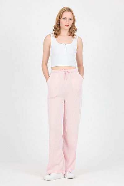 Rays Pink Elastic Waist Striped Wide Leg Woven Trousers 4098