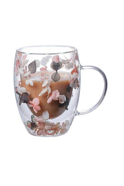 Bien Servi Decorated Flower Filling Elegant Design Double Wall Glass Coffee Mug 350 ml