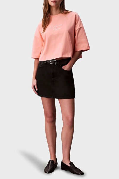 Calvin Klein Cropped Boxy Chain Stitch Logo Orange Women's T-Shirt