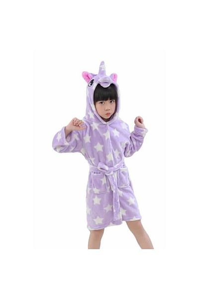 zzz sleep good sleeping !!! Children's bathrobe, Unicorn pattern, white star print, in shades of lilac purple