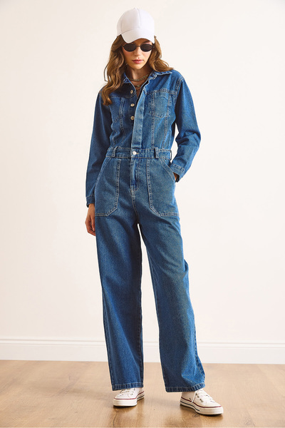 Olalook Kadın Koyu Mavi Cepli Denim Tulum TLM-19000168