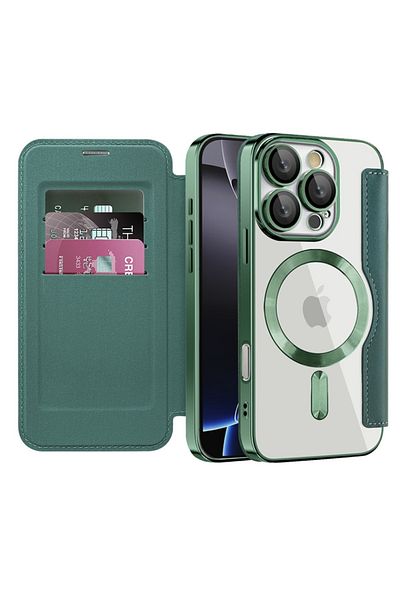 SKYDDAR INNOVATION Case for iPhone 16 Pro Max, SmartMag Book, Magsafe, RFiD, Card Holder, sticker set, Green