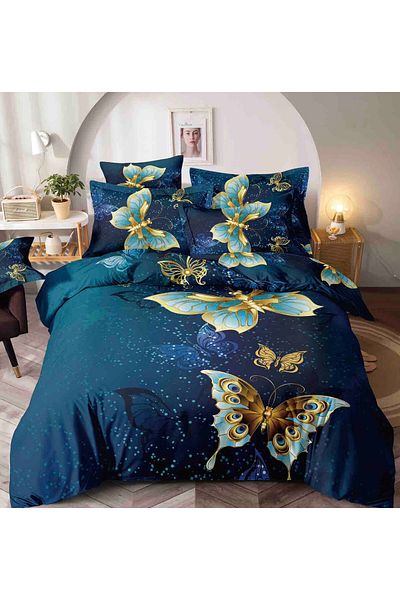trendyhome Bedding with ELASTIC, Single Bed, 4 Pieces, Fine Cotton, Butterflies, Navy Blue, J14645-ELASTIC