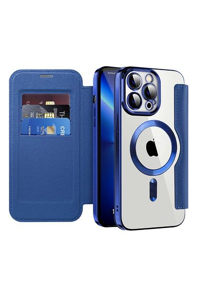 SKYDDAR INNOVATION Case for iPhone 13 Pro Max, SmartMag Book, Magsafe, RFiD, Card Holder, sticker set, Blue