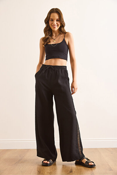 Olalook Kadın Siyah Cepli Astarlı Dantel Detaylı Palazzo Pantolon PNT-19000357