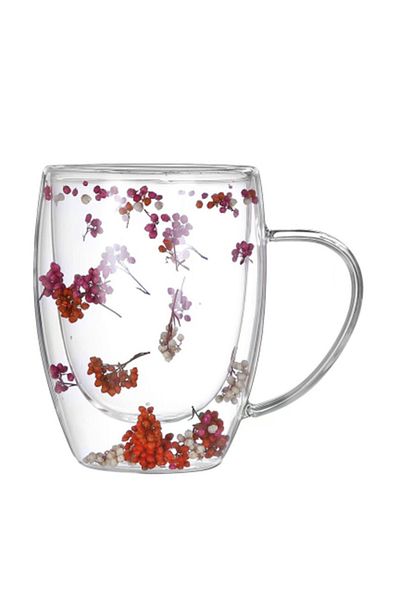 Bien Servi Decorated Flower Filling Elegant Design Double Wall Glass Coffee Mug 350 ml